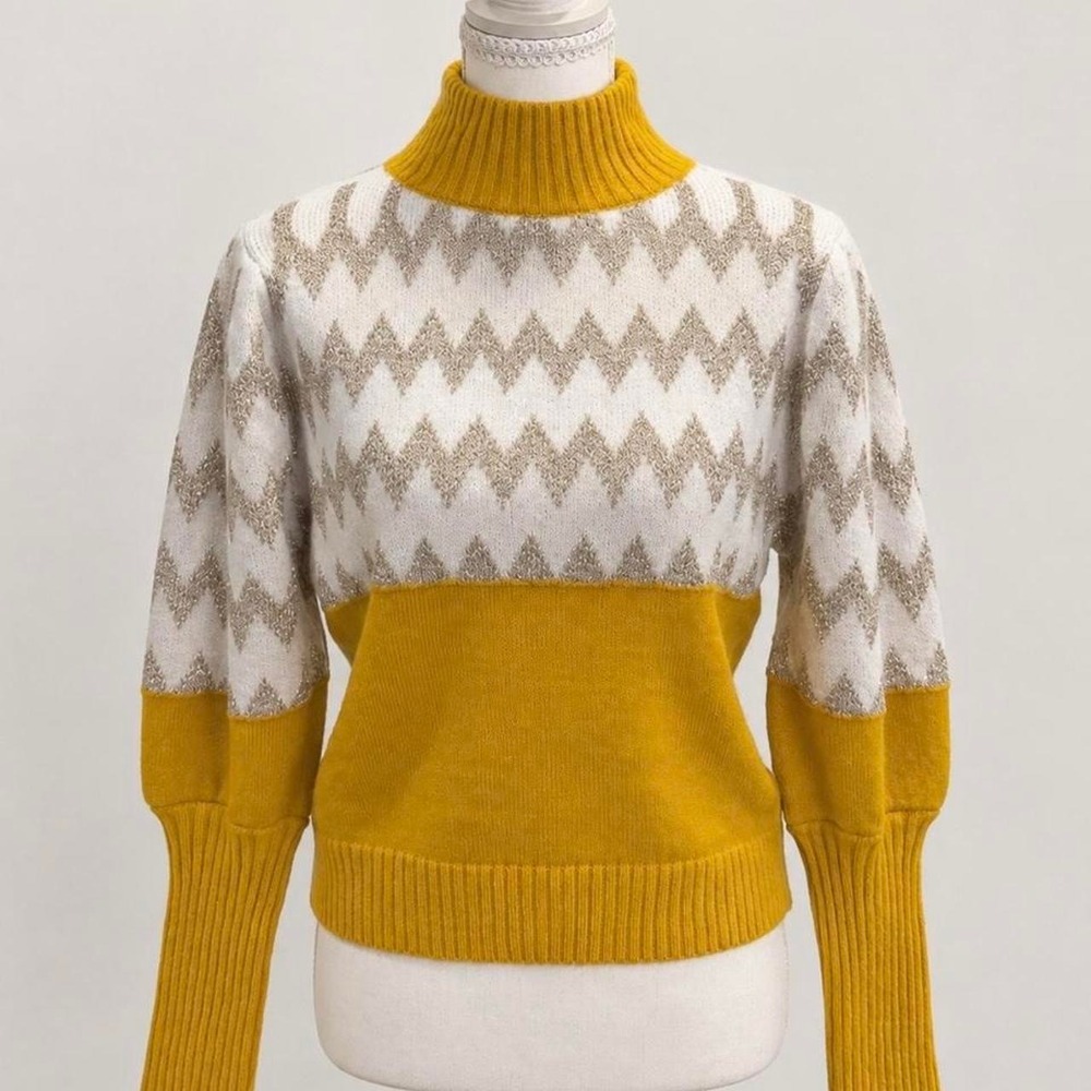 Fate Boutique white and mustard yellow chevron knit sweater  Size Small